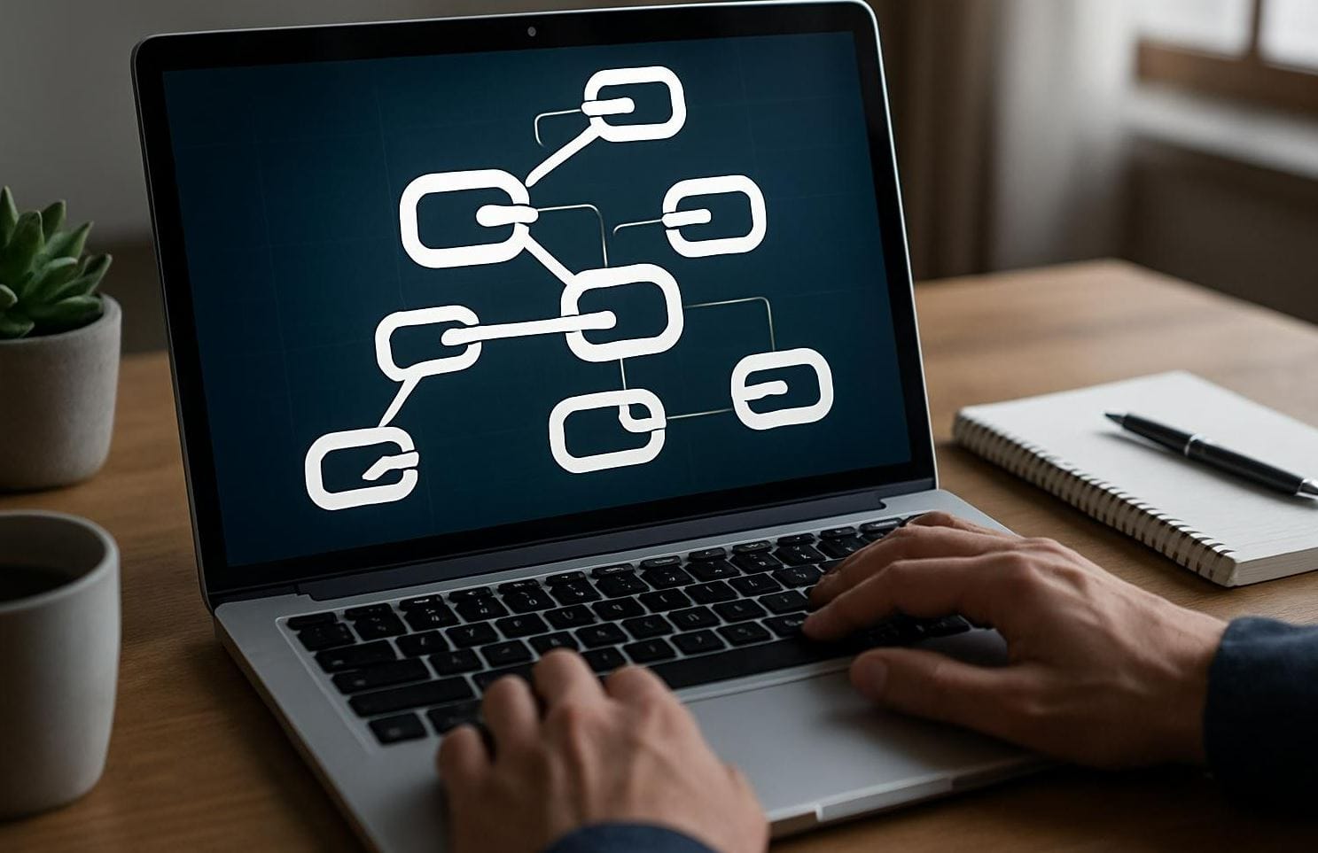 Mand laver linkbuilding på laptop